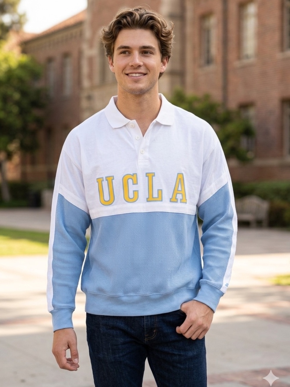 NWT Vintage Starter UCLA Long Sleeve Polo Shirt Large - Retro Waffle Knit